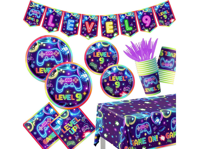 142Pcs 9th Birthday Video Game Party Supplies Video Game Birthday Decorations Neon Level 9 Plates and Napkins Tableware Set for Boys 9th Gamer...