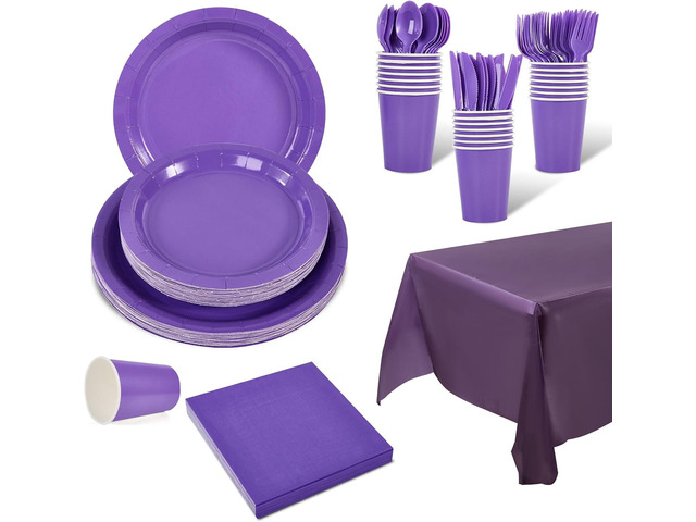 Ottin 169PCS Purple Christmas Party Supplies for 24 Guests Disposable Paper Plates, Napkins, Cups, Forks, Knives, Spoons & Tablecloth for...