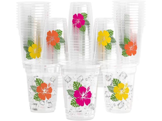 YQUQWN 51 PCS Hawaii Laua Cups 12 oz Disposable Thickened Hibiscus Tropical Plastic Cups for Hawaii Luau Pool Beach Party Supplies Summer Birthday...