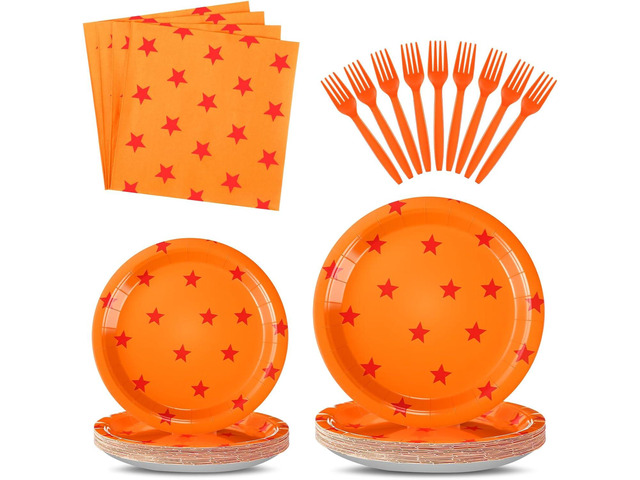 Oudain 96 Pcs Anime Theme Party Supplies 24 Sets Anime Paper Plates Napkins Forks Orange and Red Stars Print Disposable Plate Napkin Fork for...