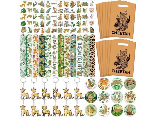Cheetah Party Favors Cheetah Theme Slap Bracelets Key Chains Badge Temporary Tattoos Gift Bags for Kids Jungle Leopard Cheetah Birthday Party Baby.