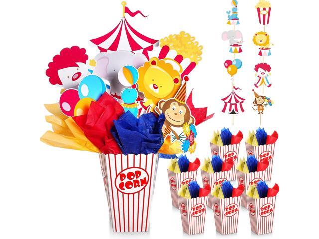 6 Sets Circus Carnival Party Centerpieces Decorations Circus Theme Table Toppers with Popcorn Box Circus Carnival Cutouts and Sticks for Carnival.