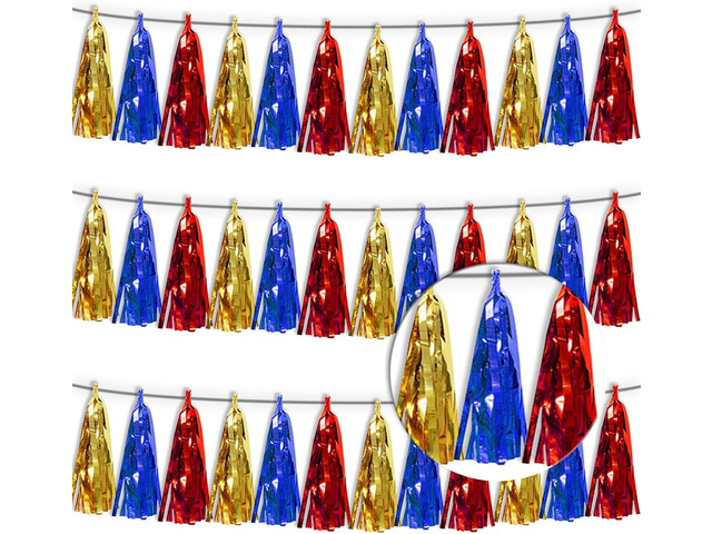 3P Gold Blue Red Tassel Banner Garland Metallic Foil Fringe Banner Tinsel Tassels Streamer Banner Backdrop for Parade Floats Graduation, Halloween,...