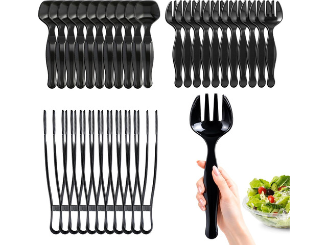 36 Pcs Plastic Serving Utensils Set, 9 Inch Heavy Duty Disposable Tableware, 12 Black Spoons + 12 Forks + 12 Tongs, Large Party Supplies for...