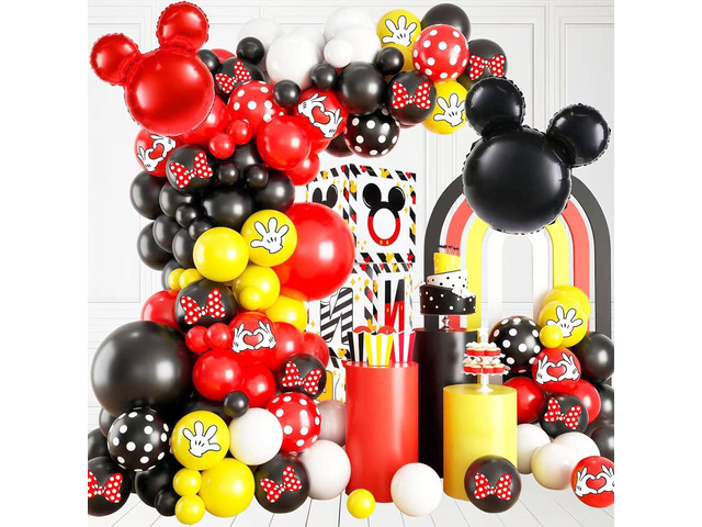 125 Pcs Black Red Yellow Balloon Garland Arch Kit, For Cartoon Birthday Decorations Themed Cute Mini Mouse Party Decorations Girls Kids Gatherings...