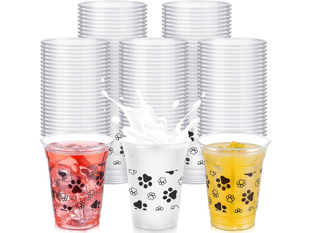 SiliFine 50 Pcs Blue Dog Paw Print Plastic Cups Puppy Birthday Party Cups Bulk 12 oz Disposable Clear Birthday Decorations for Ice Coffee,...