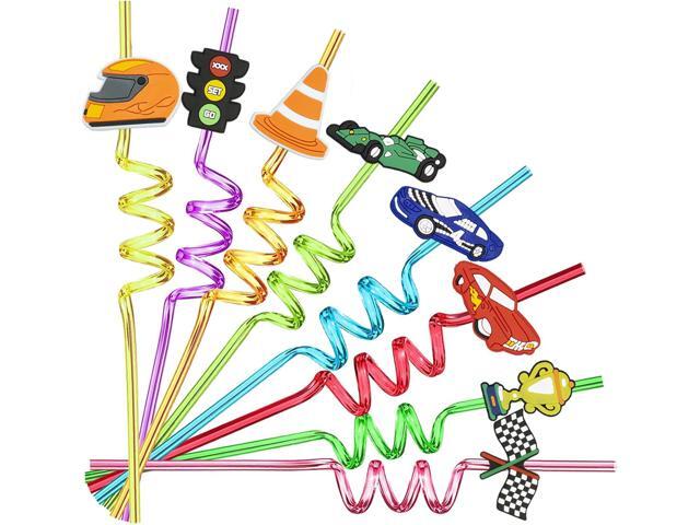 24 Pack Racing Car Reusable Straws Kids Party Favor Birthday Rapid Rally Racing Car Party Supplies Favor Drink Markers Band 2 Cleaning Brushes 8...