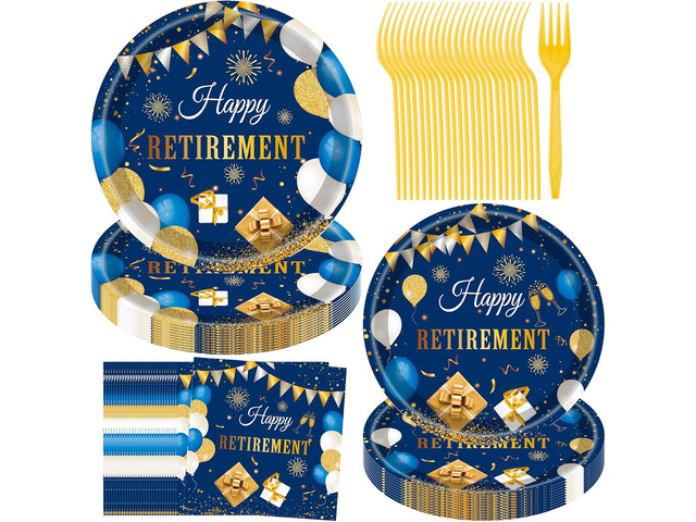 Retirement Party Decorations Blue, 96PCS Happy Retirement Party Decorations Plates and Napkins Set Blue Golden Disposable Dinnerware Decoration for...