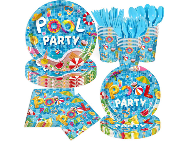 168Pcs Pool Party Birthday Decorations Supplies for 24 Guests, Summer Party Decorations Set with Beach Party Plates, Cups, Napkins & Cutlery,...