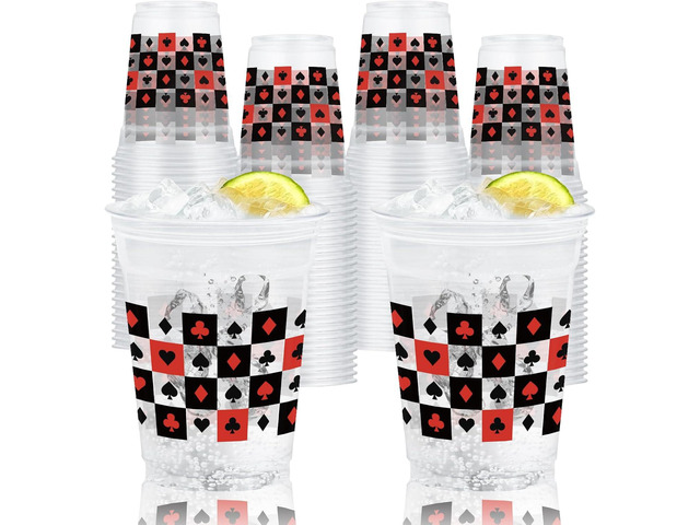 50 Pcs 12 oz Casino Party Plastic Cups, Disposable Playing Card Design Cups with Hearts, Spades, Clubs, and Diamonds for Poker Nights, Birthdays,...