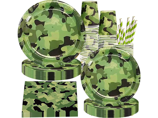 Camouflage Party Supplies Tableware Set Including Camouflage Paper Plates Cups Napkins Straws Serves 16 for Birthday Baby Shower Party