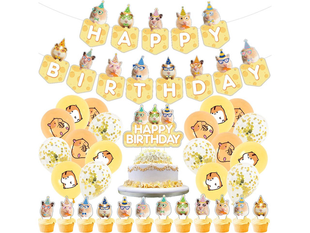32Pcs Hamster Birthday Party Supplies and Decorations Guinea Pig Happy Birthday Banner,Latex Balloon, Cupcake Toppers, Set animal Party Supplies...