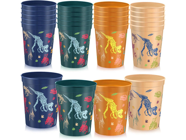 Nuanchu 24 Pack Dinosaur Party Plastic Cups 16 oz Birthday Supplies Dinosaur Tumbler Cup Reusable Plastic Cup for Kid Party Favor Decoration 4 Color