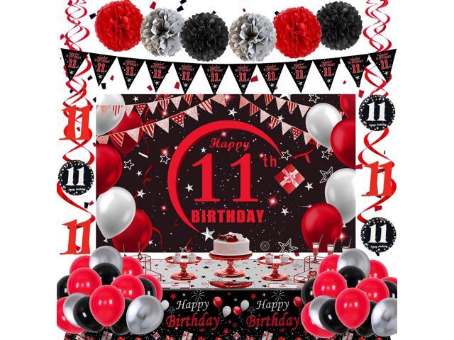 11th Birthday Decorations for Boys Girls Red and Black, Happy 11th Birthday Backdrop Banner, 11 Birthday Party Decoration Tablecloth Balloons...