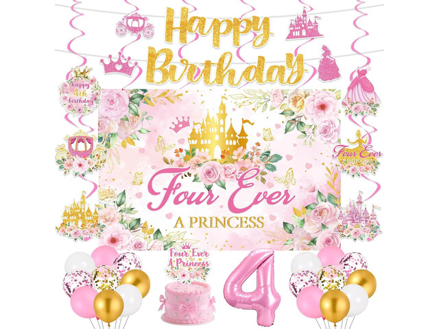 Four Ever a Princess Birthday Decorations Pink Sweet 4th Birthday Party Supplies Include 4 Ever a Princess Backdrop Banner Hanging Swirls Balloons...