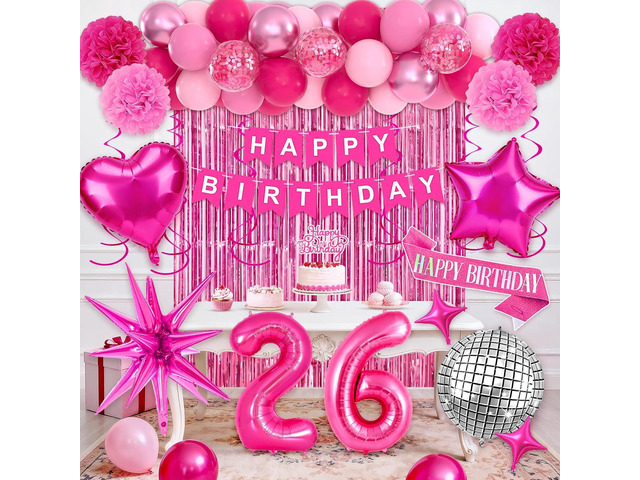 26th Pink Birthday Decorations for Women, Hot Pink Balloons Party Packs, Happy 26 Birthday Decorations with Number Balloons, Paper Pompoms, Fringe...
