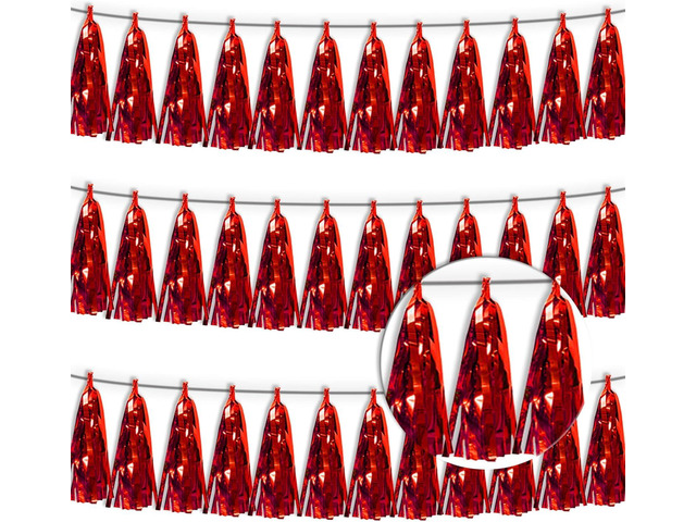 3P Red Tassel Banner Garland Metallic Foil Fringe Banner Tinsel Tassels Streamer Banner Backdrop for Parade Floats, 2025 Graduation Decorations,...