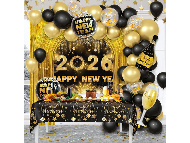AIBIIN 78Pcs Black and Gold New Years Decorations 2026 Happy New Year Decorations Kit New Year Banner, New Years Balloon Arch and Gold Foil Fringe...