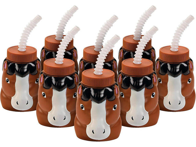 Fun Express Horse Shaped Cups with Lids and Straws 8 Pack - Reusable Plastic Kids Cups for Party Favors Western Cowgirl Birthday Party...