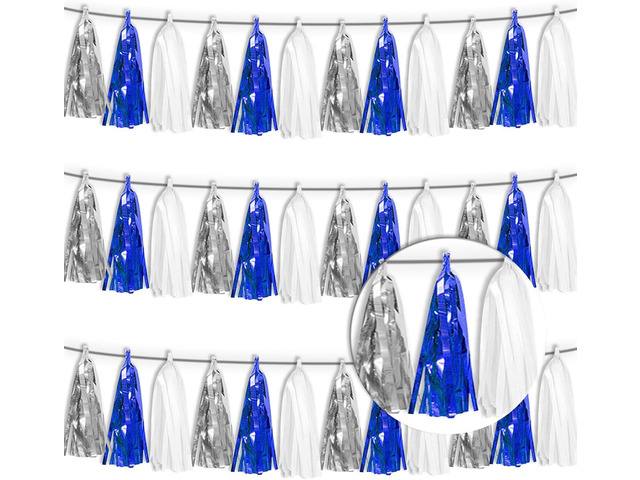 3P Navy Blue White Silver Tassel Banner Garland Metallic Foil Fringe Banner Tinsel Tassels Streamer Banner Backdrop for Parade Floats, 2025...