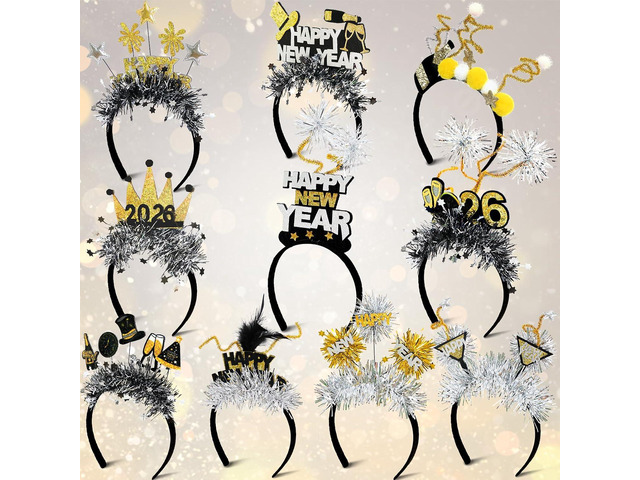 Mega-L 10Pcs New Year Headbands, 2026 Happy New Year Party Supplies Favors, Gold Black Silver Headwear for Adult Women, Glitter Photo Booth Props...