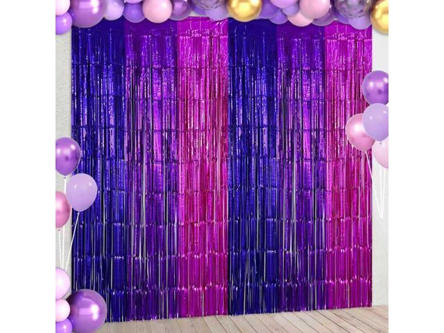 4 Pack Purple Pink Foil Fringe Curtains Streamers Backdrop for Music Themed Party Decorations, Girls Butterfly Birthday Party Decorations Supplies