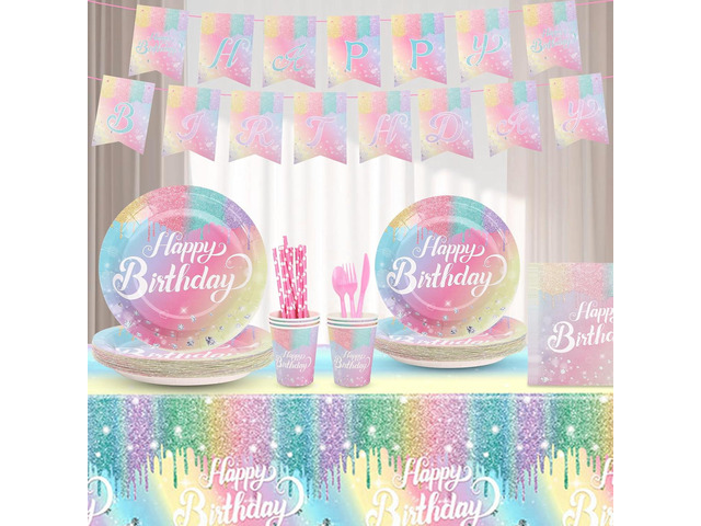 Rainbow Birthday Party Supplies 194 Pcs Disposable Party Decorations Includes Paper Plates, Napkin, Fork, Knives Spoons Cups, Tablecloth, Banner...