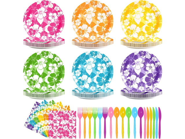Nitial 120 Pcs Hibiscus Party Plates Napkins Hawaiian Theme Tableware Set for Luau Table Decorations Supplies Tropical Dessert Plates Forks for...