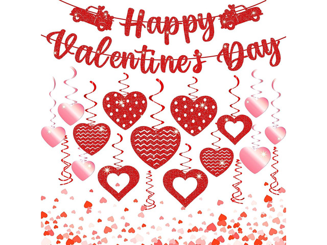 45 Pcs Valentines Day Decorations Kit - Happy Valentines Day Banner, Glitter Ceiling Hanging Hearts, Foil Swirls, Streamers Decor for Home Office...