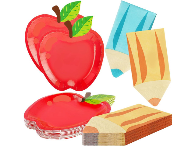 OuMuaMua 100Pcs Back to School Red Apple Paper Plates and Pencil Napkins First Day of School Party Supplies Disposable Tableware Set for Graduation...