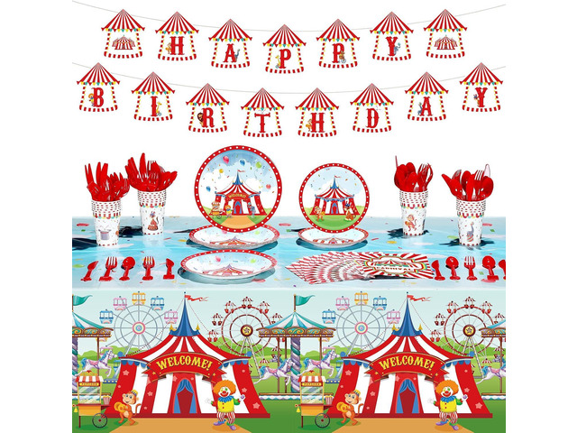 172 Pcs Carnival Party Decorations Set Circus Carnival Party Supplies Circus Tableware Happy Birthday Banners Plates Cups Napkins Tablecloth for...