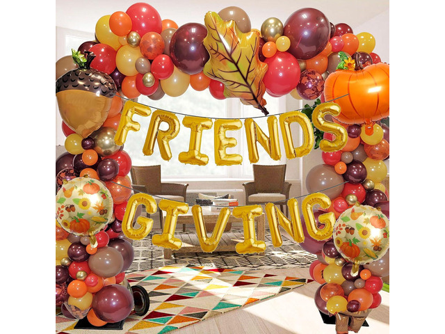 Friendsgiving Balloons Arch Garland Kit - 145 Pcs Thanksgiving Party Decorations - Pumpkin Maple Leaves Balloons for Birthday, Fall, Friendsgiving...
