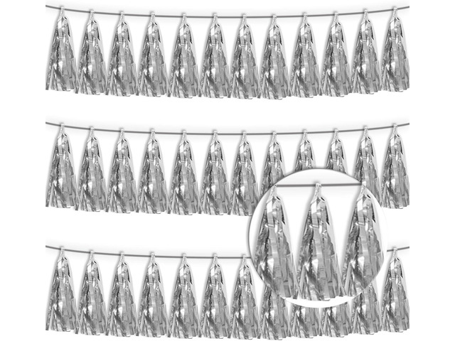 3P Silver Tassel Banner Garland Metallic Foil Fringe Banner Tinsel Tassels Streamer Banner Backdrop for Parade Floats, 2025 Graduation Decorations,...
