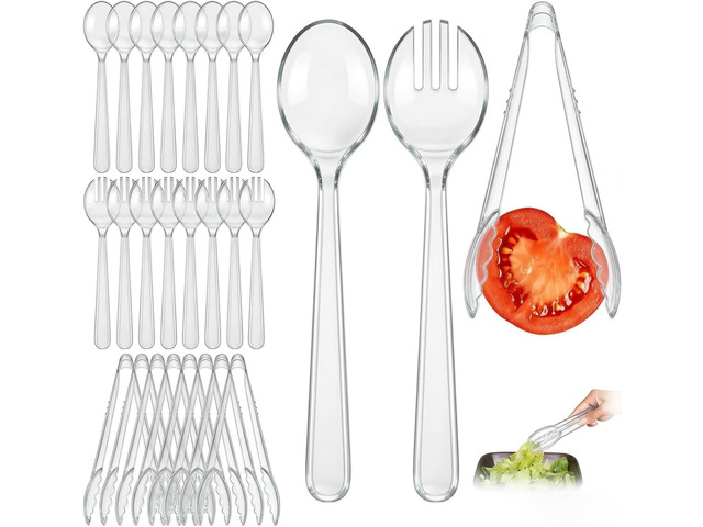 24 Pcs Transparent Plastic Serving Utensils Set - Heavy Duty Disposable Serving Spoons, Forks & Tongs (8 of Each) - BPA-Free Catering Supplies for...