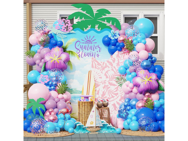 Blue and Pink Balloon Arch Kit, 145PCS Purple Hibiscus Balloon Garland, Summer Aloha Tropical Balloon Decorations for Hawaiian Luau Pool Party,...