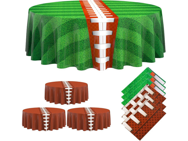 Oudain 6 Pcs Round Football Themed Tablecloths 84 Inch Football Field Tablecloth Green Grass Table Cover Plastic Sports Tablecloths Disposable...
