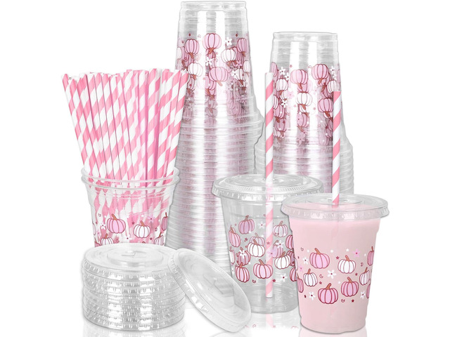 JarThenaAMCS 50Pcs Fall Plastic Cups with Lids and Straws 12oz Party Cups Pink White Pumpkin Disposable Cold Beverage Drinking Cup for Autumn...