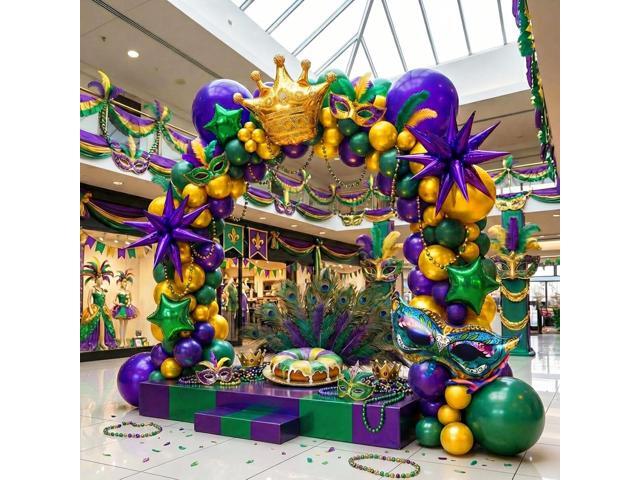 Mardi Gras Balloon Garland Arch Kit 110pcs Dark Purple Green Pearl Gold with Mylar Star Crown Large Mask Balloons for Fat Tuesday Mardi Gras...