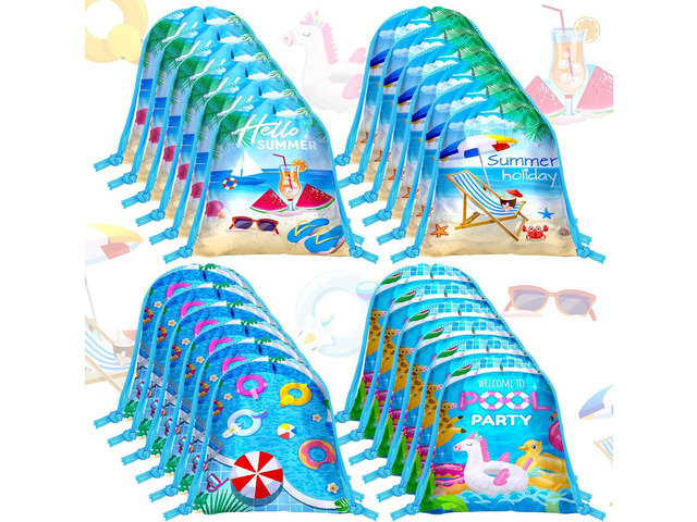 Capoda 24pcs Pool Party Favors Bags Summer Beach Drawstring Bags Hawaiian Backpacks Swimming Pool Decoration for Summer Birthday Beach Hawaiian...