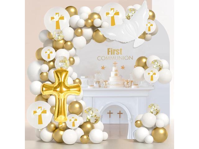 First Communion Decorations Balloons Set 145pcs God Bless White Gold Baptism Balloons Arch for First Holy Communion Decorations Christening Baptism.