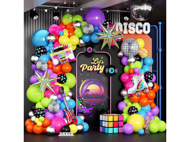 90s Retro Party Balloon Garland Kit,135Pcs Mix Neon Colors Balloon Arch with Radio,Guitar,Roller Skate,Laser Explosion Star,Disco Ball foil...