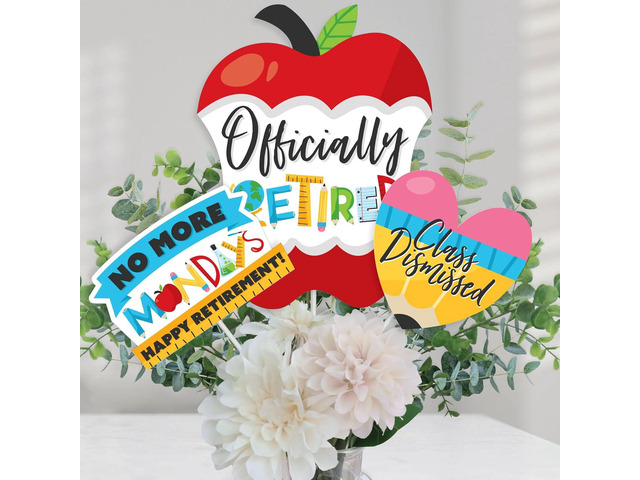 Big Dot of Happiness Teacher Retirement Party Centerpiece Decorations - 15-Piece Table Topper Set with Apple, Heart, No More Mondays Designs,...