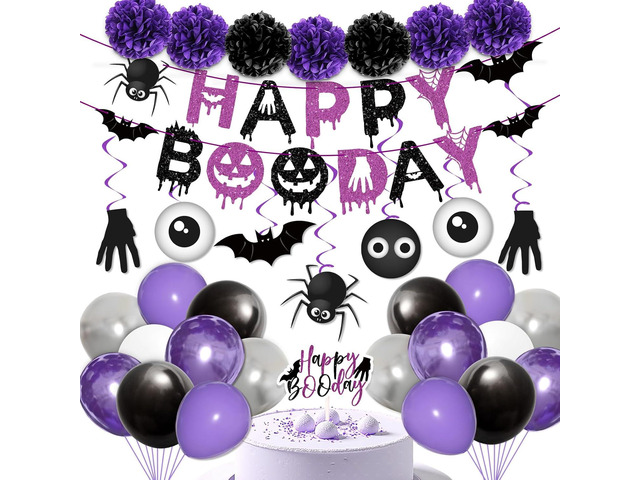 Halloween Birthday Party Decorations Balloon Banner Paper Pompom Cake Topper Hanging Swirl for Halloween Happy Boo Day Party Supplies