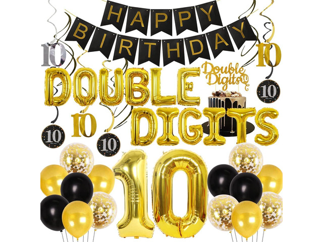 Double Digits 10th Birthday Decorations Black and Gold for Boys Girls, Double Digits Balloon Banner Cake Topper Hanging Swirls for 10 Years old...
