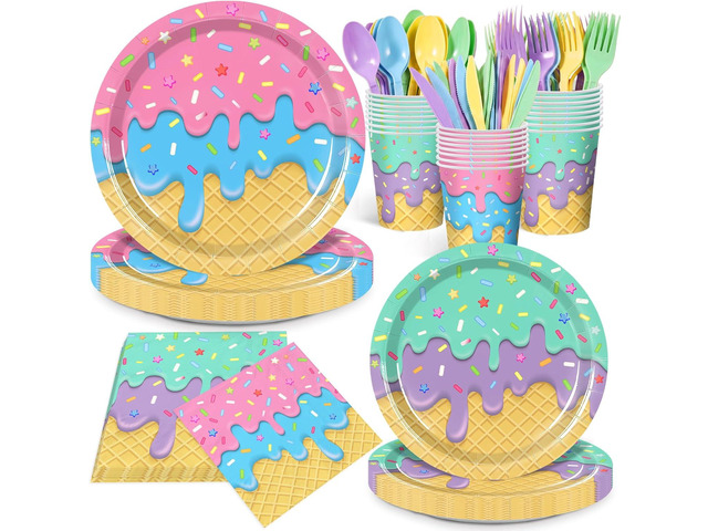 168Pcs Ice Cream Party Supplies, Ice Cream Theme Disposable Tableware Kit with Plates, Cups, Napkins & Cutlery, Birthday Party Decorations for Boys...