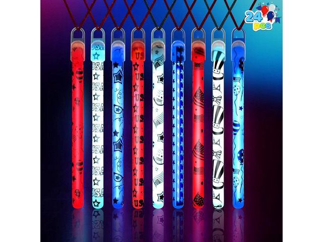 JOYIN 24 Pcs July 4th Patriotic Glow Sticks with Lanyard, Red White and Blue Glow Stick in Different Pattern Designs, 4th of July Light up...
