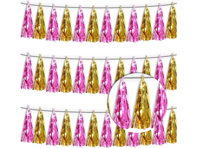3P Gold Pink Tassel Banner Garland Metallic Foil Fringe Banner Tinsel Tassels Streamer Banner Backdrop for Parade Floats, Graduation, Wedding,...