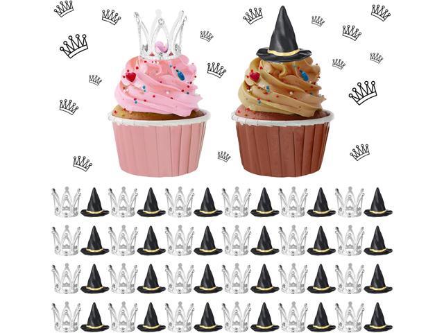 Cutecrop 48 Pack Witch Hat and Crown Cake Topper Bad Witch Birthday Party Decorations Mini Wizard Hats Silver Crown Cupcake Toppers Decor Princess.