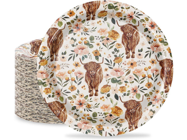 50Pcs Highland Cow Paper Plates Watercolor Flower Cow Disposable Round Plate 9 Inch Rustic Boho Floral Tableware Dessert Plates for Farmhouse...