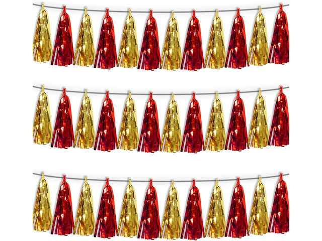 3P Red Gold Tassel Banner Garland Metallic Foil Fringe Banner Tinsel Tassels Streamer Banner Backdrop for Parade Floats Graduation Halloween,...